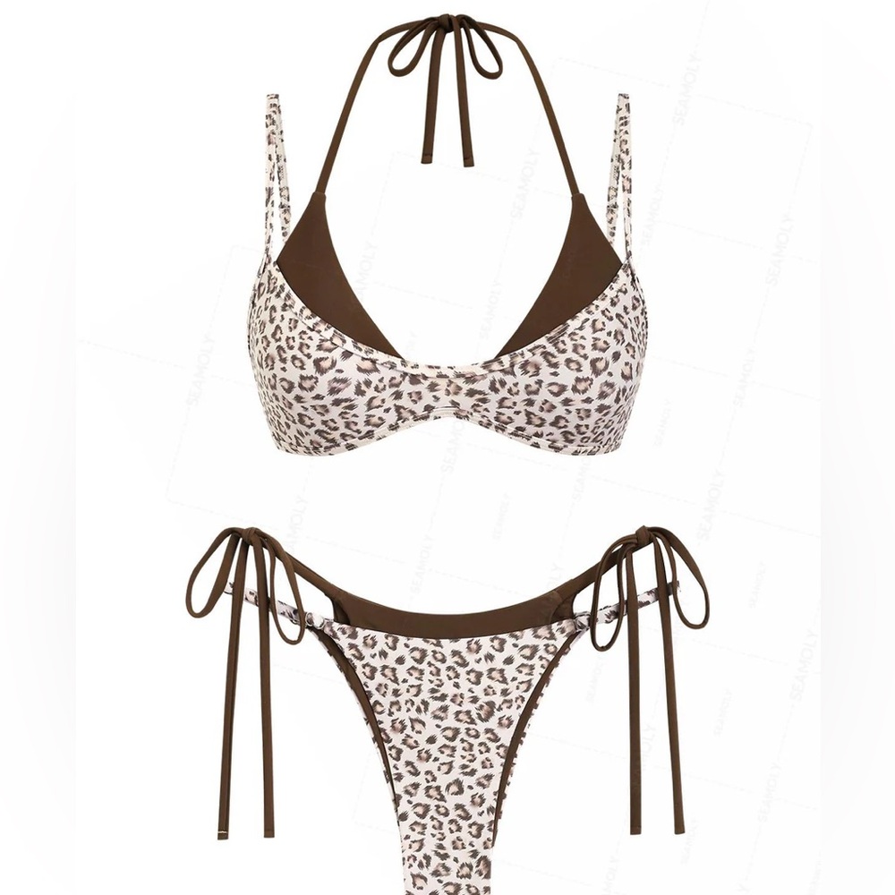 Leopard Print Tie-Side Bikini Set in Brown and White